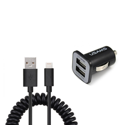 Duo USB autolader en gekrulde Lightning kabel 1 meter
