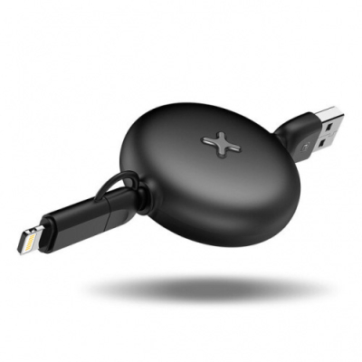 Lightning &amp; micro USB kabel oprolbaar zwart