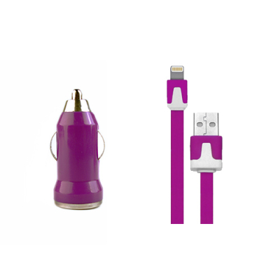 USB autolader en paarse Lightning kabel 1 meter