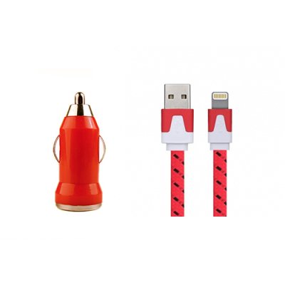 USB autolader en rode Lightning kabel 1 meter